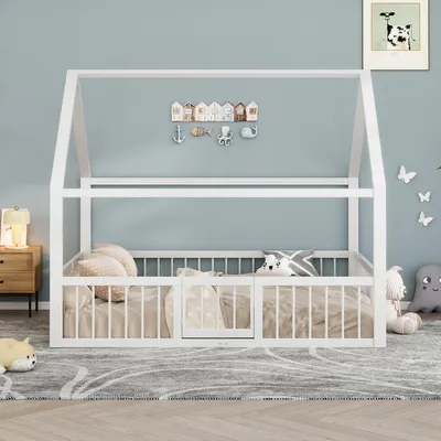 Image de Lit métallique 140 x 200 cm avec toit et barrière de sécurité, lit d'enfant en forme de maison, stable et silencieux, sans matelas, blanc