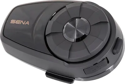 A close-up, studio shot of a Sena 10S motorcycle intercom device.