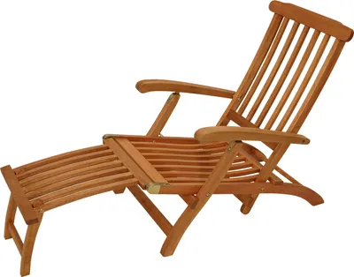 A wooden deckchair with an attached footrest, shown on a white background.