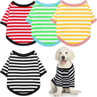 Produktbild von 4-teiliges Hundeshirt, gestreiftes T-Shirt für kleine Hunde, Haustierbekleidung, Welpen-Sweatshirt, Hundekleidung für kleine bis mittelgroße Hunde, Schwarz, Rot, Grün, Gelb, XL