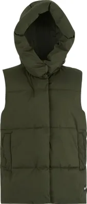 A studio shot of a green puffer vest with a hood.