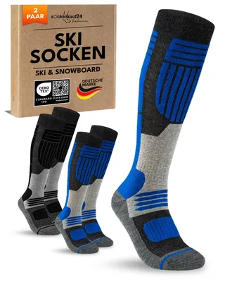 Produktbild von Herren Skisocken Merino mit Polsterung 2 Paar Thermo Winter Kniestrümpfe - 70302T Blau/Schwarz 43-46