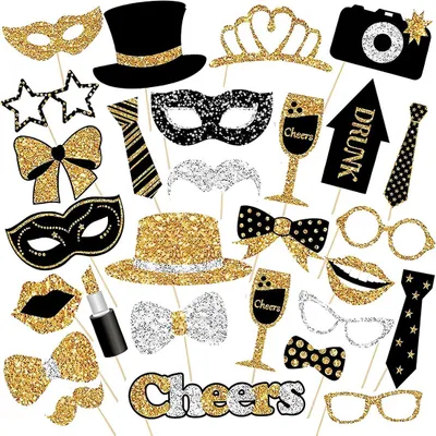 30-teiliges Foto-Requisiten-Set, Schwarz-Gold, für Feiern
