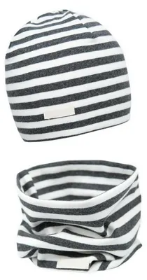 Produktbild von Mädchen Mützen & Schal Set Kinder Beanie für Herbst Winter Baumwolle 2er 44-48 Streifen Grau