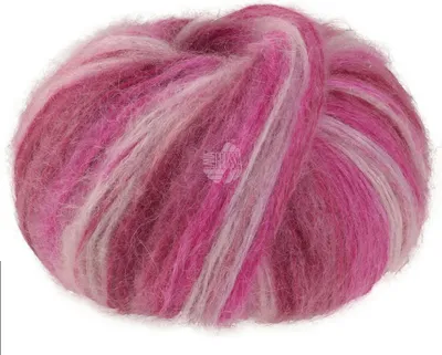 A ball of yarn with multiple pink and white strands.