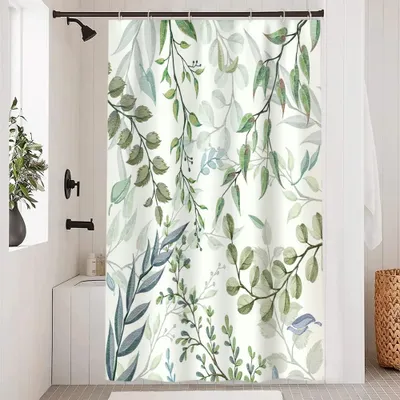 Produktbild von Duschvorhang 120 x 200 cm, grün, schimmelresistent, blaugraues Eukalyptusblattmuster, wasserdichtes Polyestergewebe, waschbarer Badezimmervorhang mit 8 Haken für das Badezimmer