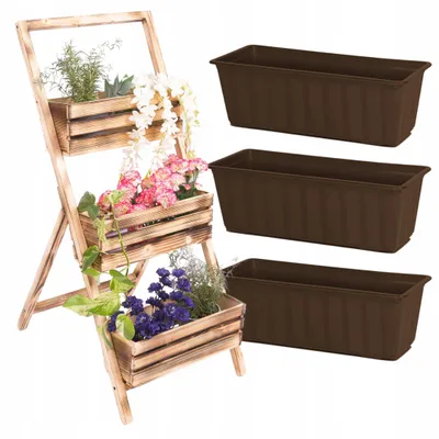 Immagine prodotto di Portavasi EcoDeco in legno fiammato con 3 ripiani, scaffale per piante a 3 livelli, scaletta per piante per balconi, terrazze e giardini