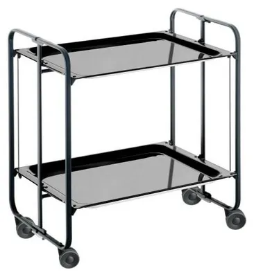 A black two-tiered serving cart with wheels against a white background.