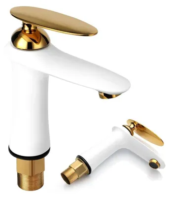 Produktbild von Waschtischarmatur Weiß Gold Messing Einhandmischer mit Keramikkartusche Hochdruck G3/8