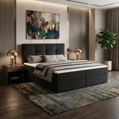 Produktbild von Boxspringbett MORENO mit Bettkasten 180x200 cm inkl. Bonell-Federkernmatratze H3 und Topper – Polsterbett Stoff ASTI Schwarz