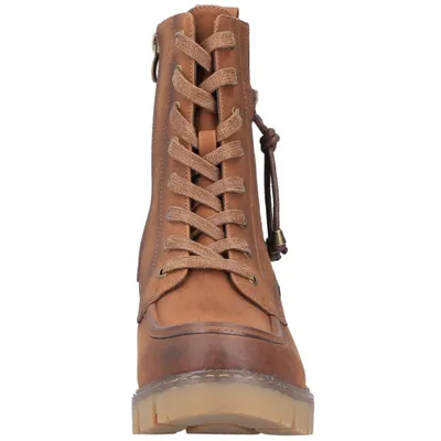 A front view of a brown lace-up boot.