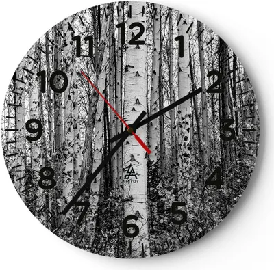 Produktbild von Wanduhr - Rund - Glasuhr - Birken Wald Monochrom - 40x40cm - Schleichendes Uhrwerk - Lautlos - zum Aufhängen bereit - Dekoration Modern - Wanddekoration aus Glas - C4AR40x40-4643