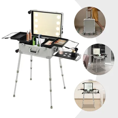 Produktbild von Schminkkoffer - Tragbarer Visagistenkoffer mit Rollen - 53 cm - Teleskopgriff - 8 LED-Lichter - EU-Stecker - Silber