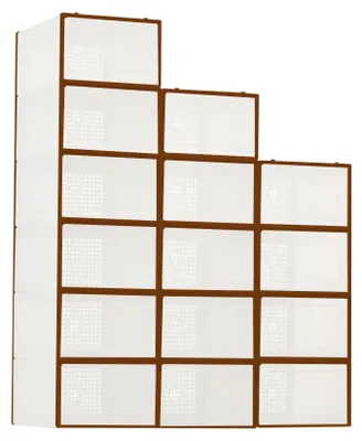 Image de Boîtes de rangement pour chaussures, lot de 15 - Boîtes transparentes empilables - Pliables - Avec tiroir - Aérées - Marron
