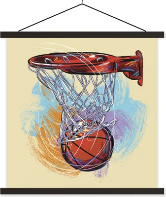 Produktbild von MuchoWow® Textilposter Eine Illustration eines Basketballs, der mit voller Geschwindigkeit auf das Ziel trifft 60x60 cm mit schwarzem Rahmen - Posteraufhänger