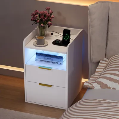 Produktbild von ProximaX Nachttisch Weiß Skandinavisch mit RGB LED, Steckdose USB-C, 2 Schubladen & Geheimfach, 60x40x40 cm
