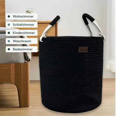 Produktbild von Wäschekorb aus Baumwolle 58 L Wäschesammler Aufbewahrungskorb, Baumwollseil mit Griff, Kordelzug, Wäschebehälter für Kleidung, Decken - Schwarz