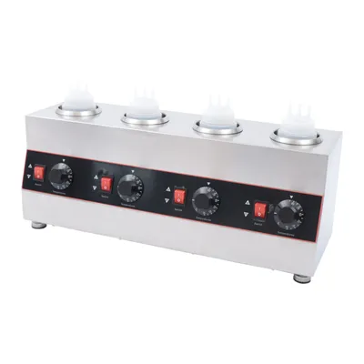 Zdjęcie produktu dla 4 butelki Elektryczny podgrzewacz do sosów ze stali nierdzewnej z niezależną regulacją temperatury Podgrzewacz do potraw Podgrzewacz do sosów 30-85°C do czekolady, sera, dżemu