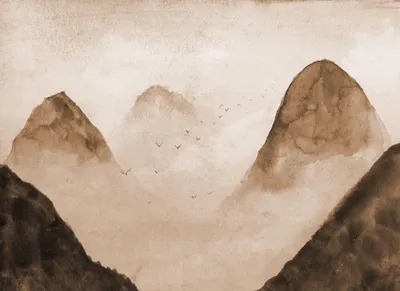 Produktbild von Landschaft Fototapete in Aquarell Optik | Wasserfarben Fototapete mit Bergen und Vögeln im Nebel | Berg Tapete in Braun