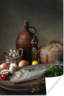 Produktbild von MuchoWow® Poster Rustikal - Fisch - Stilleben - Gemüse - Kräuter 40x60 cm - Plakate für die Wand - Poster Babyzimmer