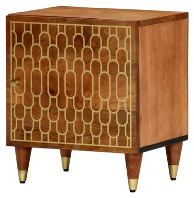 Produktbild von Nachttisch mit Stauraum, Nachtkommode mit Eisenbeinen, Nachtkonsole für das Schlafzimmer im Retro-Stil aus massivem Mangoholz