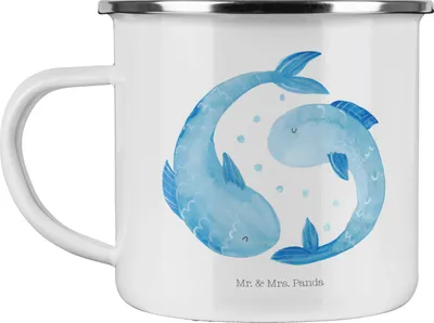 Produktbild von Mr. & Mrs. Panda Teetasse Sternzeichen Fische - Weiß - Geschenk, Geburtstag Februar, Blechtasse, Emailletasse, März, Emaille Tasse, Sternbild, Reisebecher, Fisch