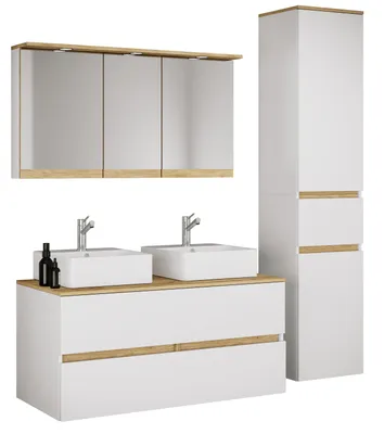 Immagine prodotto di Mobile bagno doppio Cosila a 5 pezzi con 2 lavabi in Vetroceramica: mobiletto da bagno H. 51 x L. 111 x P. 51 cm con 2 cassetti a chiusura ammortizzata, mobiletto con specchio, illuminazione e presa e mobiletto alto Cosila-A.