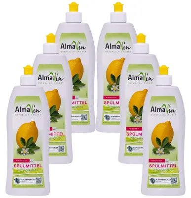 Zdjęcie produktu dla ALMAWIN płyn do mycia naczyń trawa cytrynowa 6 x 500 ml – ekologiczny koncentrat do mycia naczyń, 3 litry, naturalne olejki eteryczne, biodegradowalny