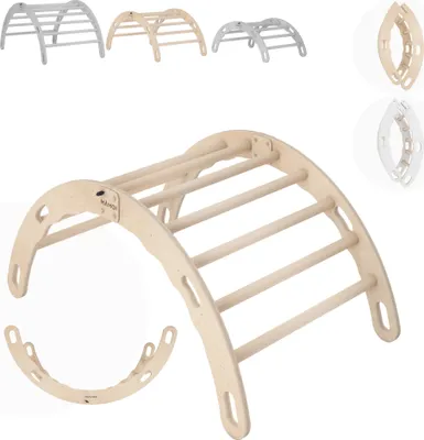 A collection of wooden climbing arches and rockers for children, displayed against a white background.