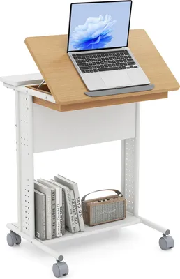 Produktbild von COSTWAY Schreibtisch, mobiler Computertisch mit Rollen, neigbarer Tischplatte, verstecktem Fach, Ablageregale & Lochwänden, PC-Tisch, 60x50x75 cm