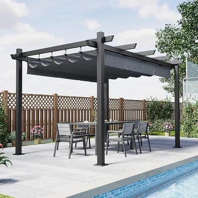 Produktbild von Aluminium Pergola mit Schiebedach, Verstellbarer Schattenfläche, UV-Schutz 50+, Pavillon 3x4 wasserdicht stabil Winterfest, Grillpavillon Metall für Gärten und Terrassen, Grau.