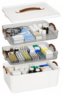 Image de Boîte de rangement pour médicaments avec poignée de transport et 3 niveaux