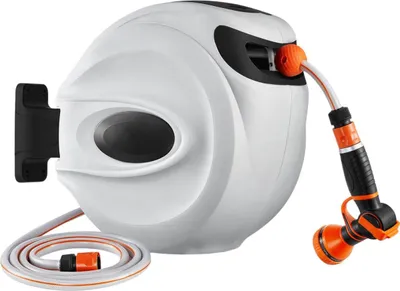 Produktbild von Automatisch Gartenschlauchhaspel – 25m – Weiß – Wand-Schlauchbox – Schlauchhaspel mit 9-fach Sprühdüse – Flexibel