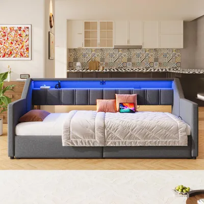 Produktbild von okwish Schlafsofa mit Ausziehbett 90x200 Tagesbett mit Matratze,mit 2 Schubladen und 2 Aufbewahrungstaschen,Daybett mit LED und USB+Type-C,Grau