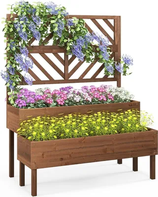 Produktbild von GOPLUS 2 Etagen Hochbeet mit Rankgitter, Pflanzkasten mit Rankhilfe, Gartenspalier Blumenkasten mit Entwässerungsloch für Kletterpflanzen Blumen, Braun
