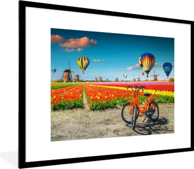 Produktbild von MuchoWow® Gerahmtes Poster Heißluftballon - Orange - Tulpen 80x60 cm - Poster mit Schwarzem Bilderrahmen Wandposter Rahmen Foto Bilder - Schlafzimmer-Dekorationen - Fotoposter