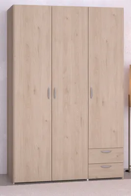 A three-door wardrobe with two drawers at the bottom right, shown against a light gray textured wall.