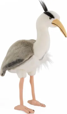 A plush toy heron standing on a white background.