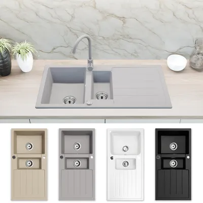 Produktbild von Faizee Home | Napoli Granitspüle Grau 100x50 cm | 2 Becken & Abtropffläche | inkl. Genial Küchenarmatur und Siphon | Beidseitig montierbar