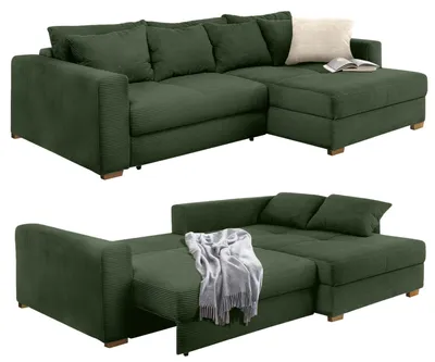 Produktbild von Ecksofa-Dauerschläfer Federkern Schlafcouch seitenverkehrt Bettkasten Cord Grün / 15156