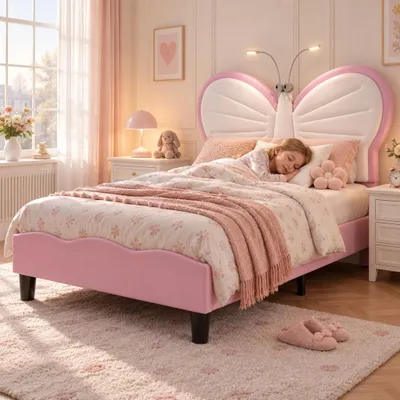 Immagine prodotto di Letto singolo 90x200 cm con illuminazione a LED, imbottito, con rete a doghe, ideale per ragazze. Letto imbottito per adolescenti con poggiatesta regolabile (motivo farfalle rosa)