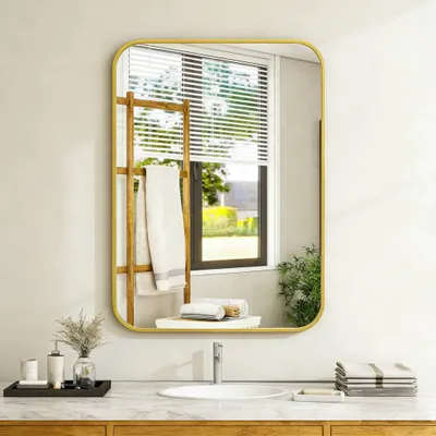 Immagine prodotto di Specchio da bagno 30'' x 40'' con cornice in alluminio per montaggio a parete, grande specchio rettangolare arrotondato, appendibile in orizzontale o in verticale, oro, 100 cm, 75 cm