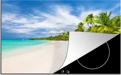 Produktbild von KitchenYeah© Herdabdeckplatte Strand - Meer - Palmen , 80x52cm, Küche Deko, Glaskeramikkochfeld Herdabdeckung, Abdeckplatte fùr Kochfeld