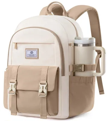 Image de Sac à dos pour femmes, 17,3 pouces, sac à dos pour ordinateur portable, idéal pour les adolescentes, couleur kaki, grande capacité, léger
