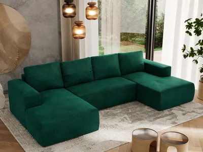 Produktbild von MKS MEBLE Sofa mit Schlaffunktion - Ecksofa mit Schlaffunktion und Bettkasten - Sofa 5 Sitzer - Schlafsofa - Couch - Schlafsofa mit Bettkasten - Trentino U - Dunkelgrün Velvet