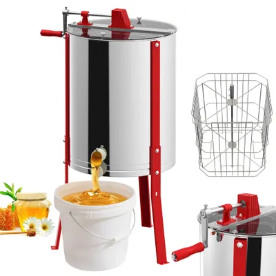 A honey extractor with honey being dispensed into a bucket, along with a jar of honey and honeycomb.