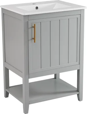Produktbild von Badmöbel Einzelwaschtisch,Waschtischunterschrank 60 cm mit Keramikwaschbecken,mit Ablage,hellgrau