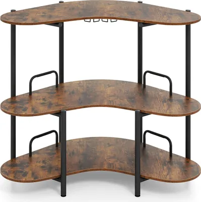 Produktbild von Bareinheit für Spirituosen, 3-stöckiger Eckbartisch mit Weinglashalter, angenehmer Thekenhöhe & Schutzhalterungen aus Metall, Weinregal, Braun