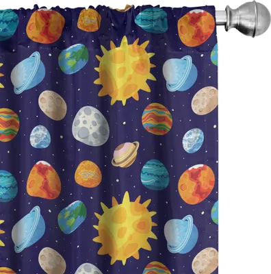 Produktbild von ABAKUHAUS Weltraum Vorhänge, Gardinen, Bunte Planeten Cartoon mit Sun Sonnensystem-Themen-Illustration, 2 Stück 75 x 245 cm, Indigo und Mehrfarbig