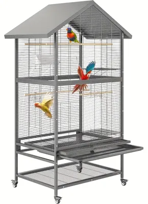 Image de Cage à oiseaux - Volière - Grande cage à oiseaux - Cage pour perroquets - Cage à oiseaux avec roulettes - Acier forgé robuste